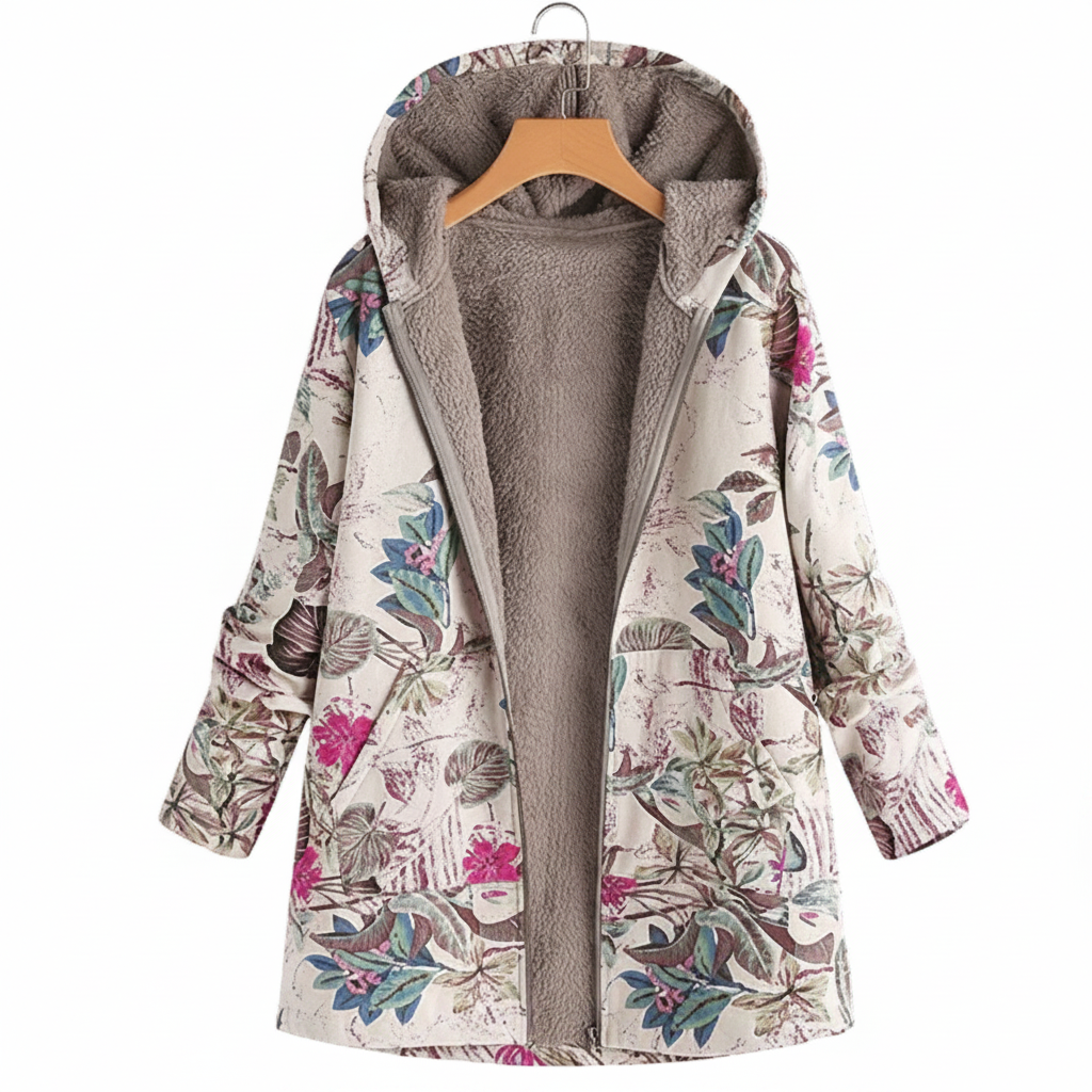 Floral patterned coat with gray lining on a hanger against a white background