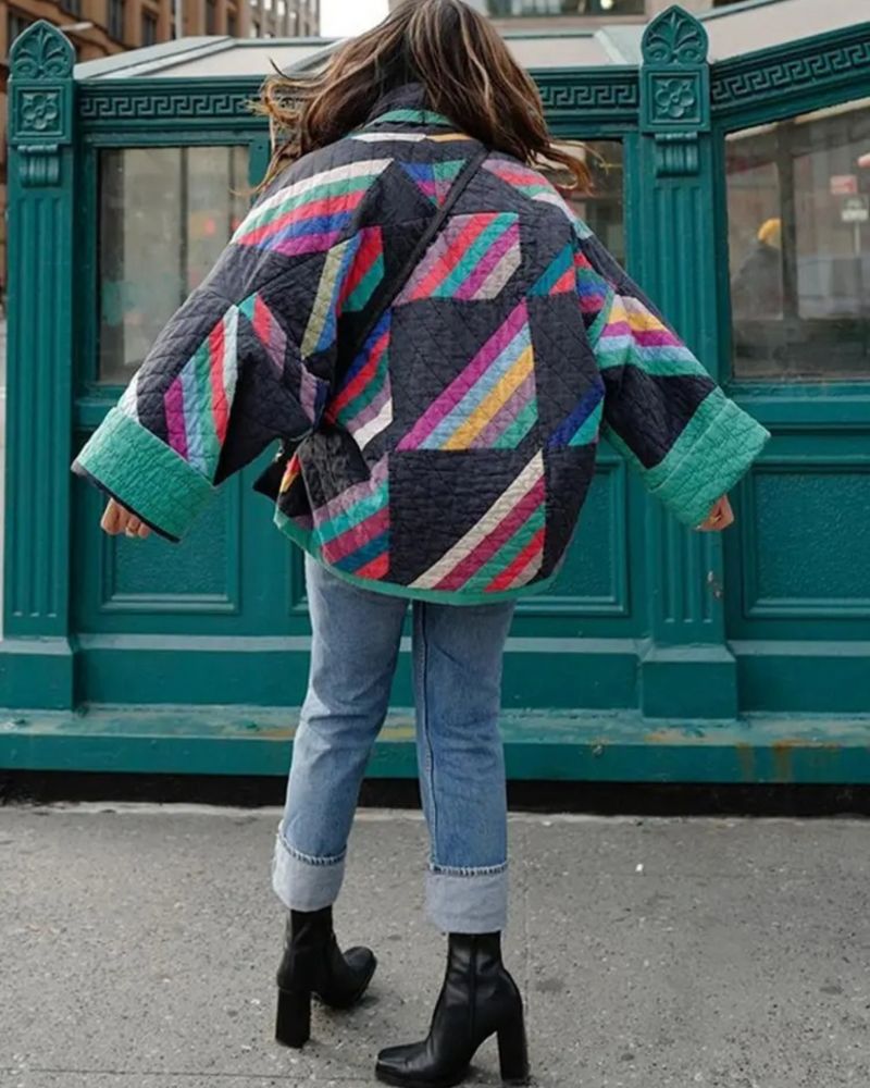 Sephira | Women's Geometric Print Pattern Jacket - Casual Zip-Up Bomber & Lightweight Fall Coat