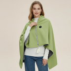 Green USB heated blanket cape with front zipper, round button patch, and tassels
