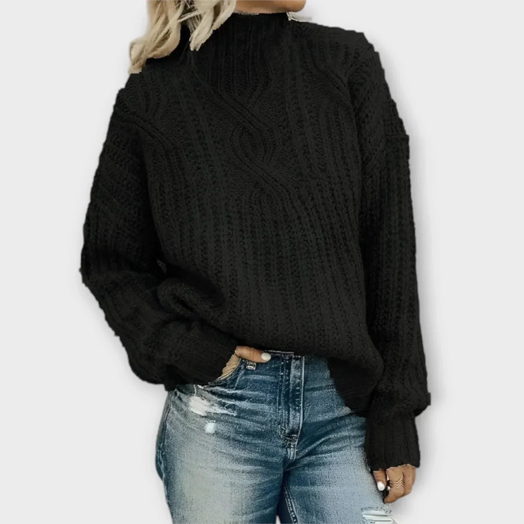 Parsha | Women's Cable Knit Sweater - Textured Ribbed Trim Pullover
