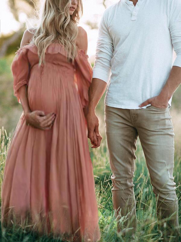 Boho Chic Maternity Dress with Boat Neck – Off Shoulder Pregnancy Dress, Midi, Baby Shower & Photoshoot, S–2XL – Flōre