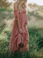 Boho Chic Maternity Dress with Boat Neck – Off Shoulder Pregnancy Dress, Midi, Baby Shower & Photoshoot, S–2XL – Flōre