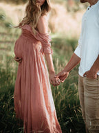 Boho Chic Maternity Dress with Boat Neck – Off Shoulder Pregnancy Dress, Midi, Baby Shower & Photoshoot, S–2XL – Flōre