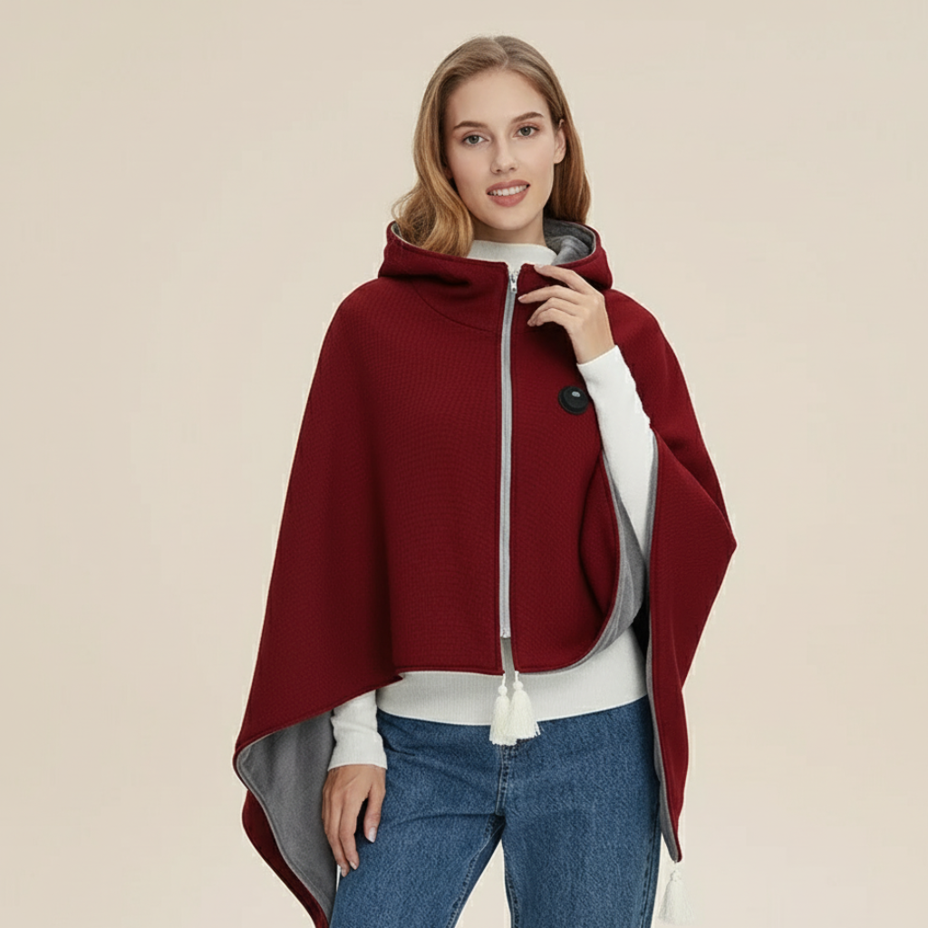 Red USB heated blanket throw with zipper front, button patch, and hanging tassels