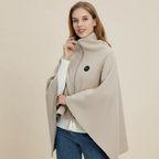 Natural USB heated blanket cape with front zipper and round button closure