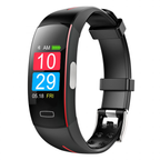 Black fitness tracker with heart rate monitor display on a white background