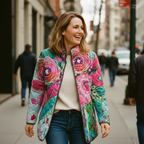 Bersh | Women's Abstract Floral Quilted Jacket - Lightweight Padded Cotton Bomber & Fall Coat