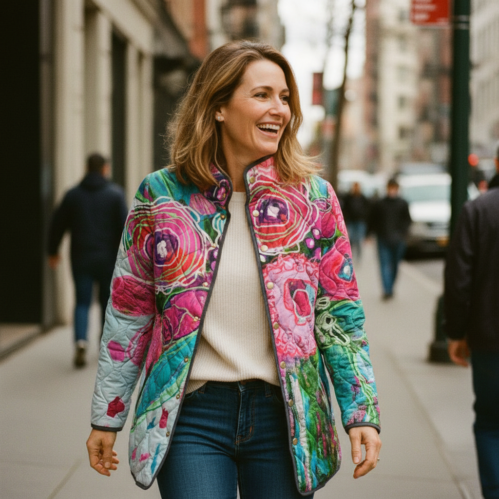 Bersh | Women's Abstract Floral Quilted Jacket - Lightweight Padded Cotton Bomber & Fall Coat
