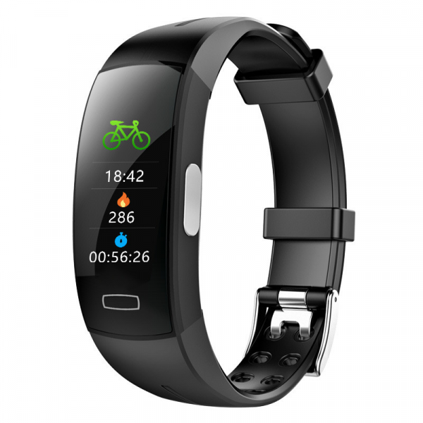 Black smart fitness tracker with OLED screen, red trim, and adjustable wrist band