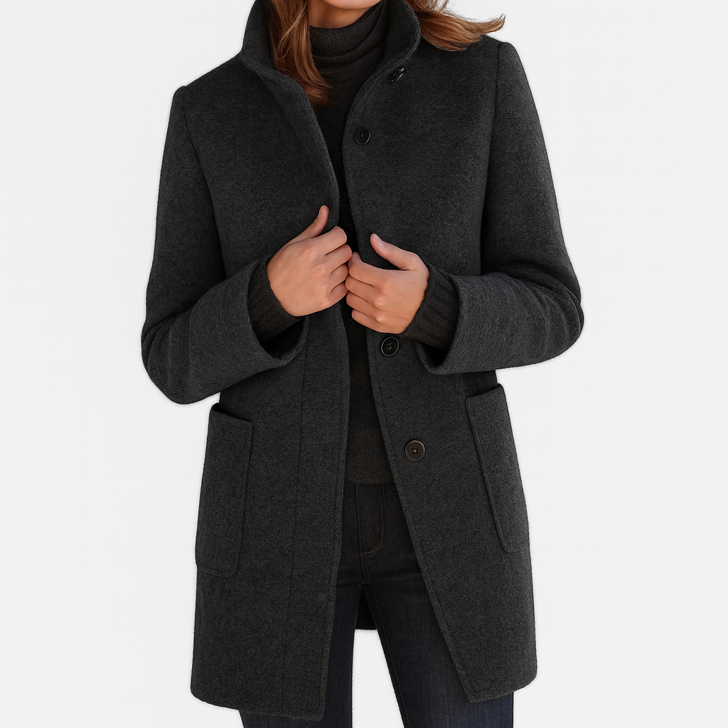 Amore | Women's Straight Cut Button-Front Coat - Tailored Faux Wool Blend Long Overcoat & Work