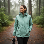 A woman wearing a sage green hooded rain jacket walks on a forest path in the rain, holding a closed black umbrella.