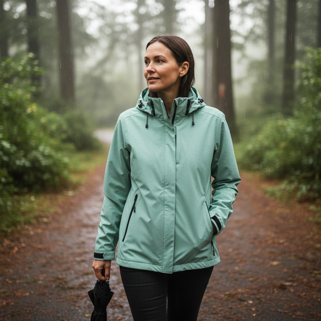 A woman wearing a sage green hooded rain jacket walks on a forest path in the rain, holding a closed black umbrella.
