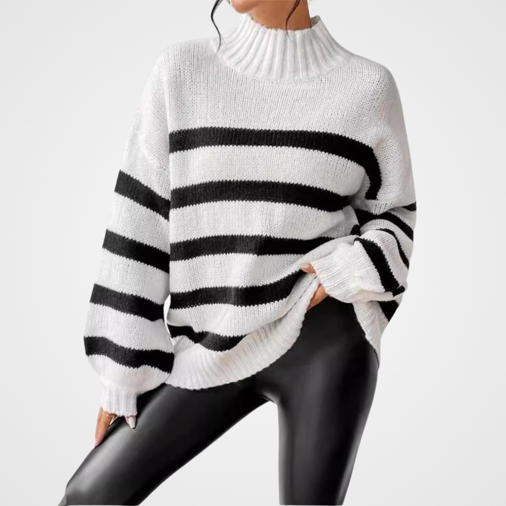 Isana | Women's Striped Ribbed Collar Sweater - Long Sleeve Knit Pullover