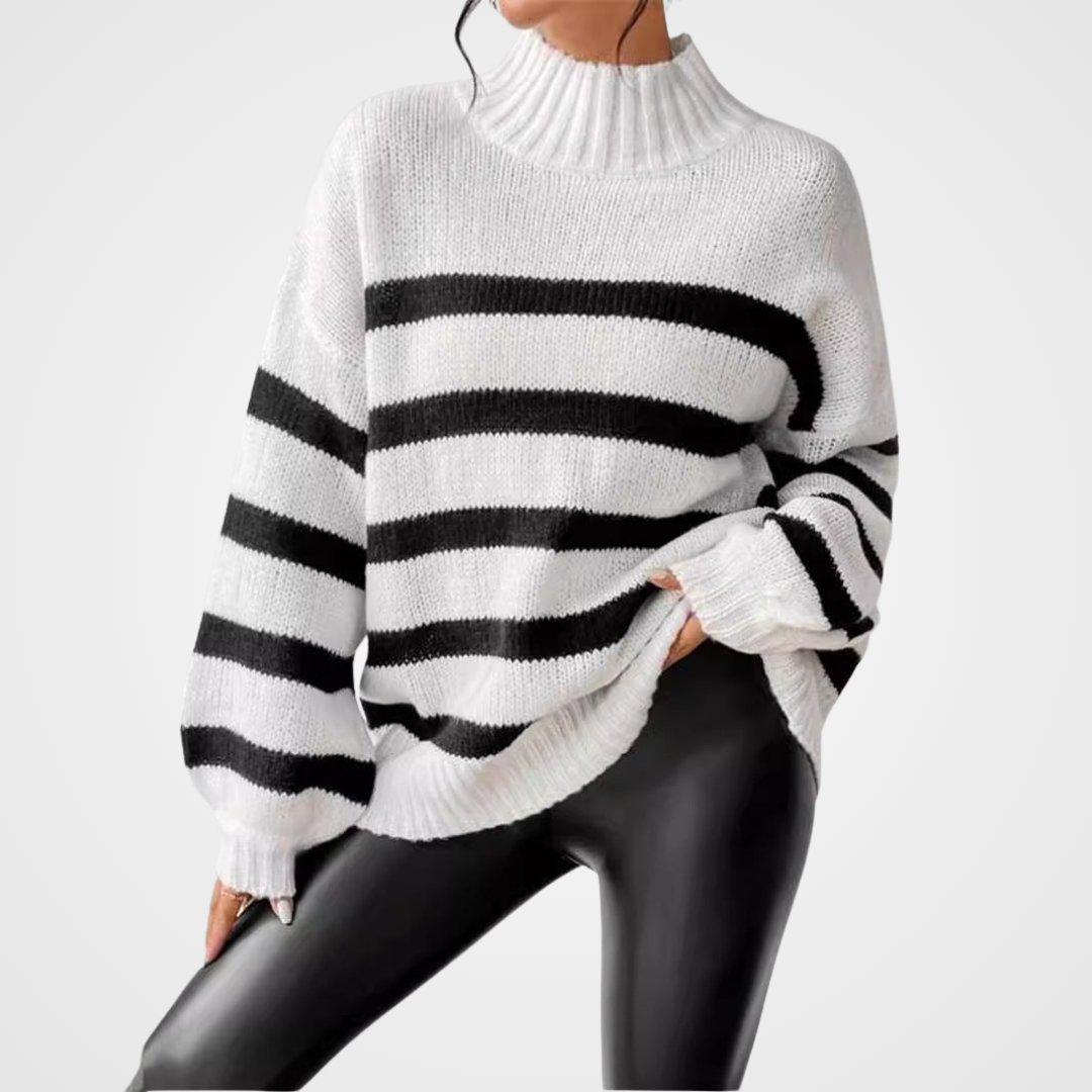 Isana | Women's Striped Ribbed Collar Sweater - Long Sleeve Knit Pullover