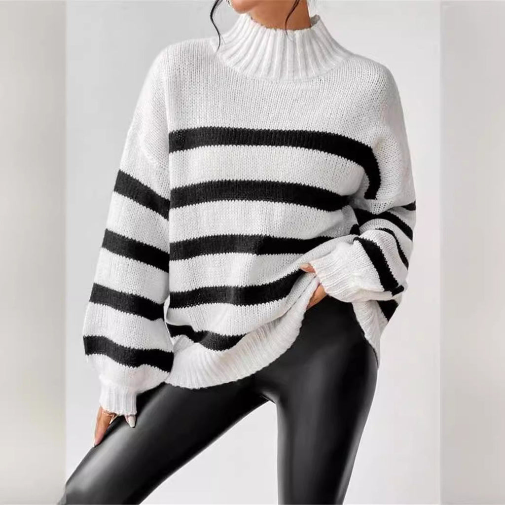 Isana | Women's Striped Ribbed Collar Sweater - Long Sleeve Knit Pullover