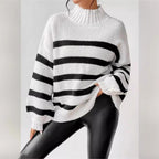 Isana | Women's Striped Ribbed Collar Sweater - Long Sleeve Knit Pullover