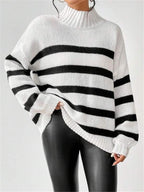 Isana | Women's Striped Ribbed Collar Sweater - Long Sleeve Knit Pullover