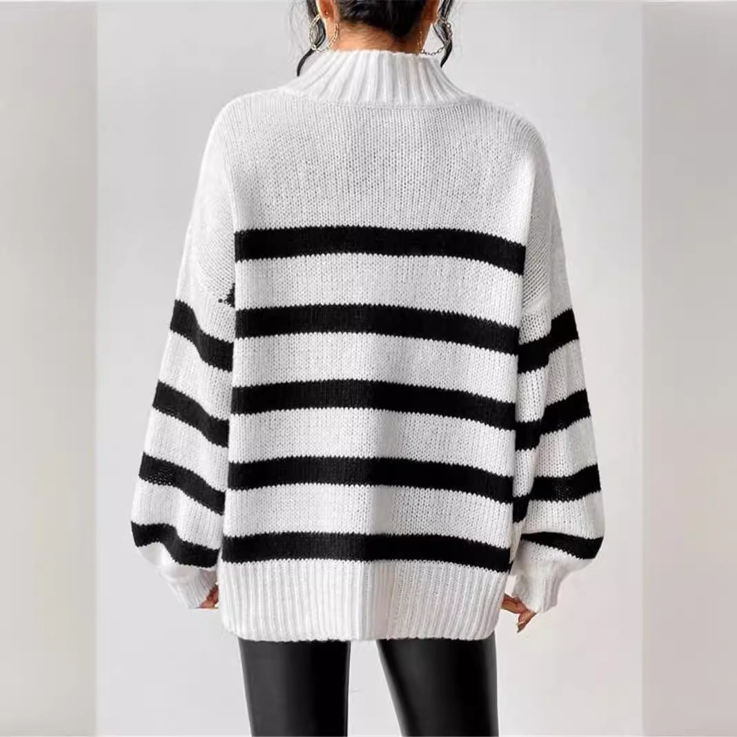 Isana | Women's Striped Ribbed Collar Sweater - Long Sleeve Knit Pullover