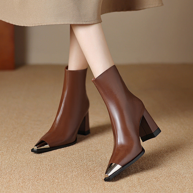 Isana | Boots For Women | Pointed Toe Block Heel Style Brown