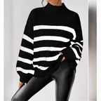 Isana | Women's Striped Ribbed Collar Sweater - Long Sleeve Knit Pullover