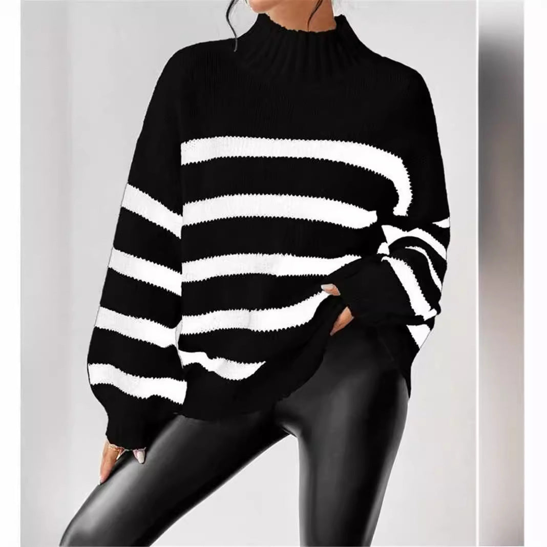 Isana | Women's Striped Ribbed Collar Sweater - Long Sleeve Knit Pullover