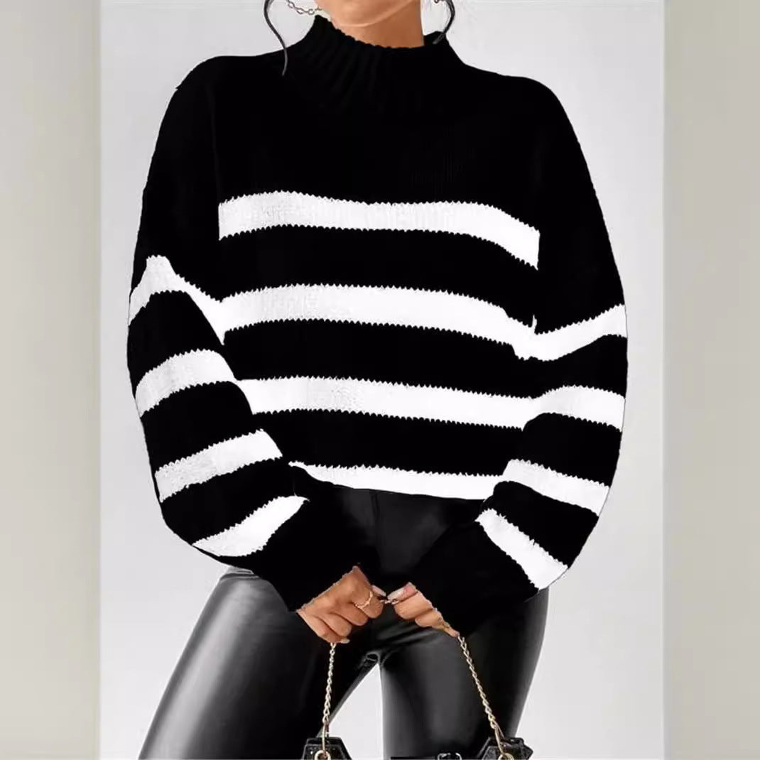 Isana | Women's Striped Ribbed Collar Sweater - Long Sleeve Knit Pullover
