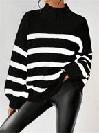 Isana | Women's Striped Ribbed Collar Sweater - Long Sleeve Knit Pullover