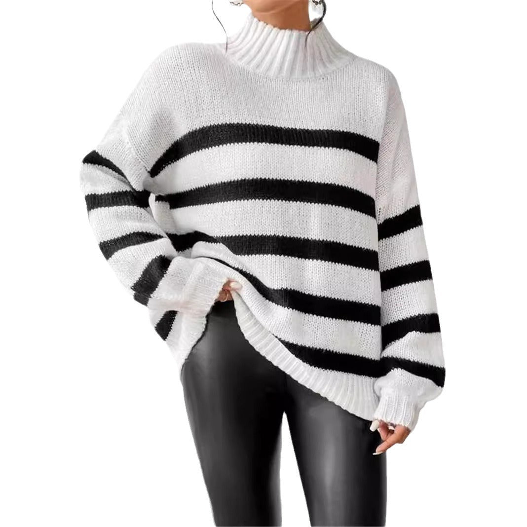 Isana | Women's Striped Ribbed Collar Sweater - Long Sleeve Knit Pullover