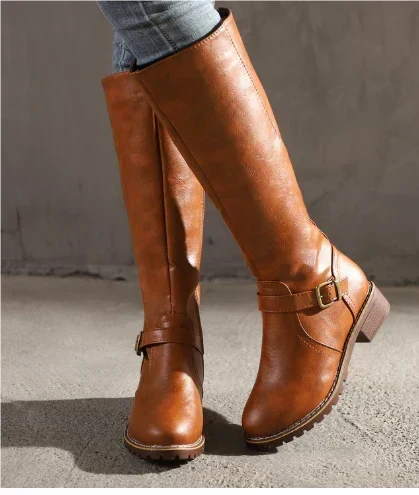 Bersh | Boots For Women | Knee High Flat Heel With Buckle Strap Light Brown