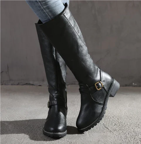 Bersh | Boots For Women | Knee High Flat Heel With Buckle Strap Black
