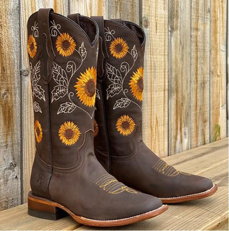 Ēden | Women's Floral Block Heel Boots - Embroidered Ankle Booties
