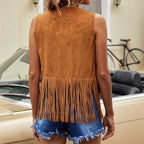 Roque | Women's Sleeveless Fringe Open-Front Vest - Faux Suede Boho Tassel Cardigan Waistcoat