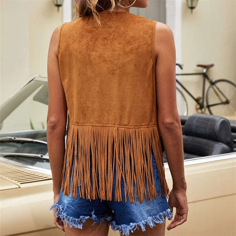 Roque | Women's Sleeveless Fringe Open-Front Vest - Faux Suede Boho Tassel Cardigan Waistcoat