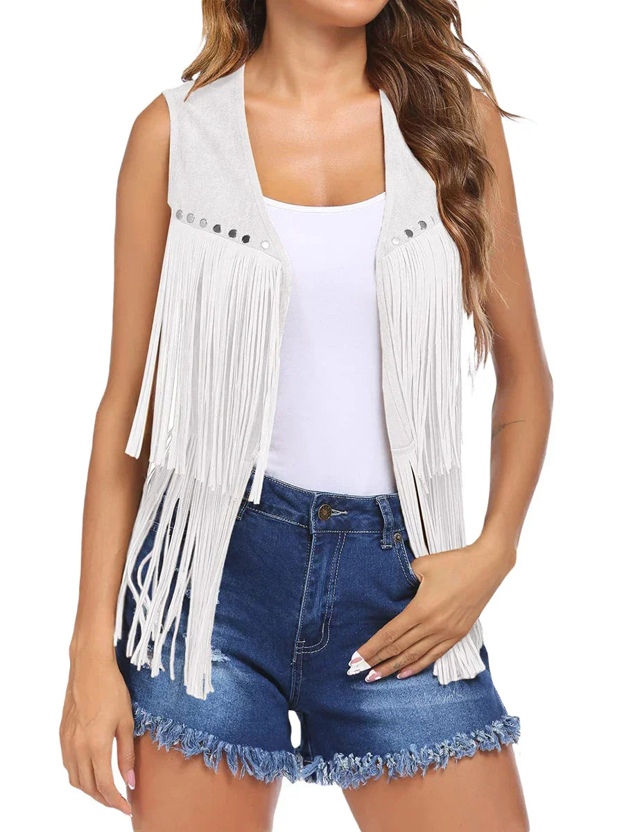 Roque | Women's Sleeveless Fringe Open-Front Vest - Faux Suede Boho Tassel Cardigan Waistcoat