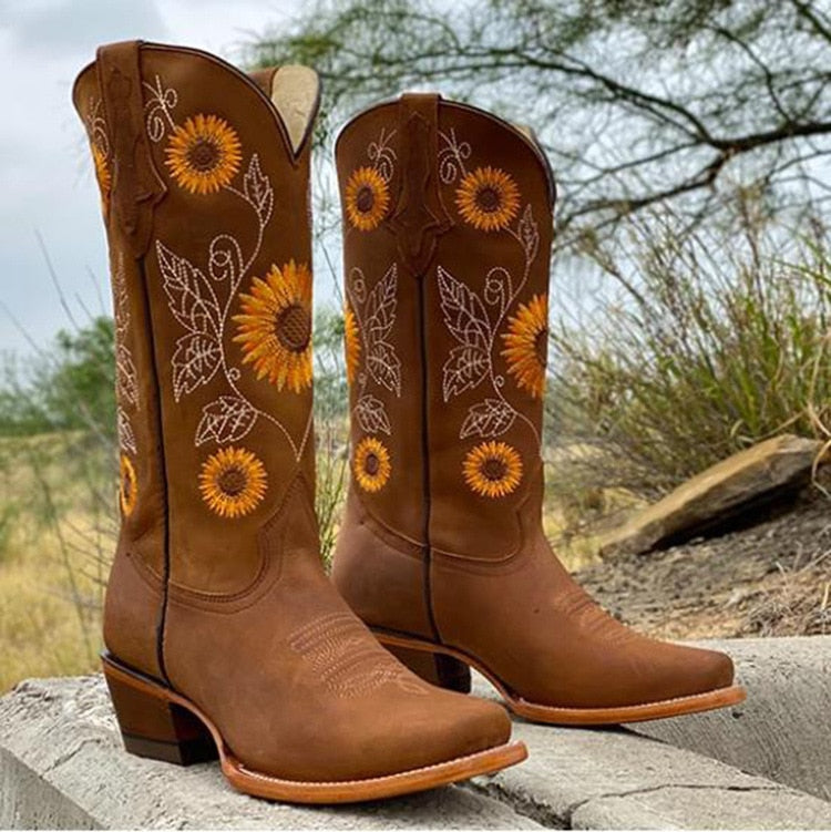 Ēden | Women's Floral Block Heel Boots - Embroidered Ankle Booties