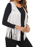 Roque | Women's Sleeveless Fringe Open-Front Vest - Faux Suede Boho Tassel Cardigan Waistcoat