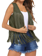 Roque | Women's Sleeveless Fringe Open-Front Vest - Faux Suede Boho Tassel Cardigan Waistcoat