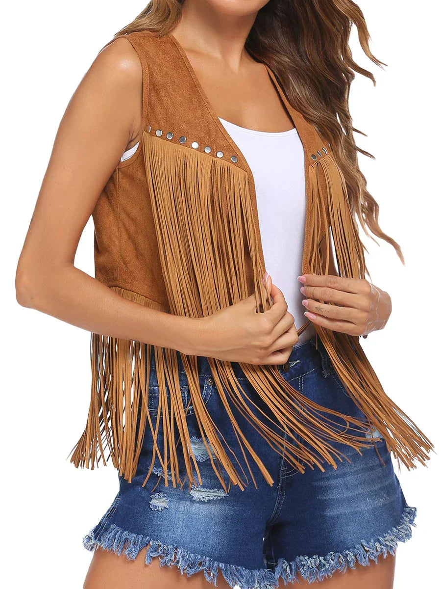 Roque | Women's Sleeveless Fringe Open-Front Vest - Faux Suede Boho Tassel Cardigan Waistcoat