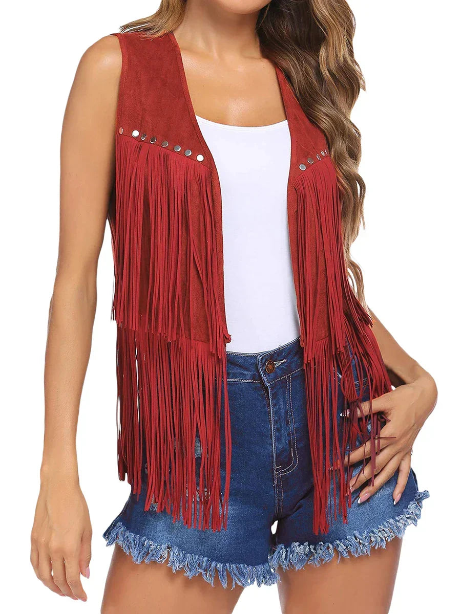 Roque | Women's Sleeveless Fringe Open-Front Vest - Faux Suede Boho Tassel Cardigan Waistcoat
