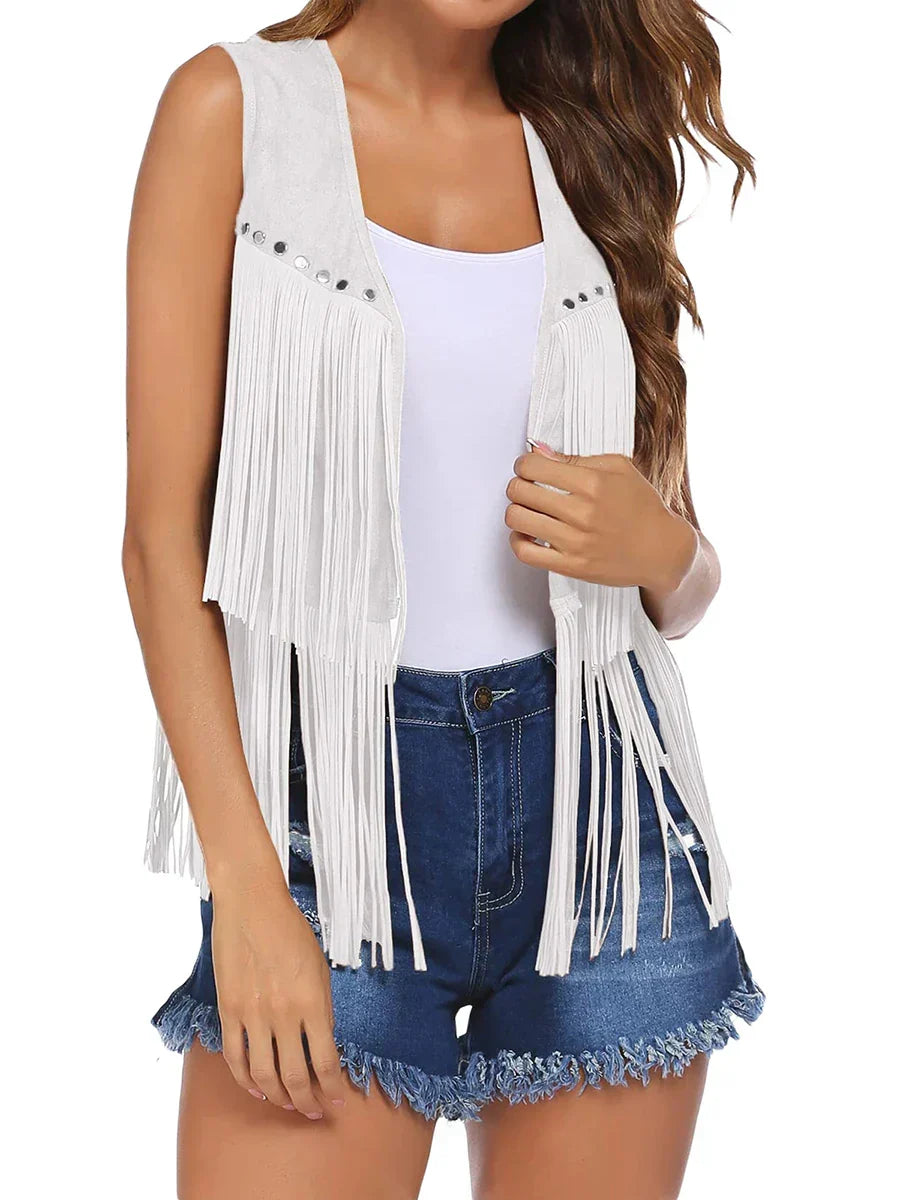 Roque | Women's Sleeveless Fringe Open-Front Vest - Faux Suede Boho Tassel Cardigan Waistcoat