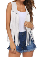 Roque | Women's Sleeveless Fringe Open-Front Vest - Faux Suede Boho Tassel Cardigan Waistcoat