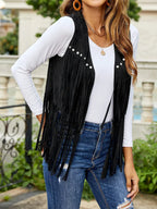 Roque | Women's Sleeveless Fringe Open-Front Vest - Faux Suede Boho Tassel Cardigan Waistcoat
