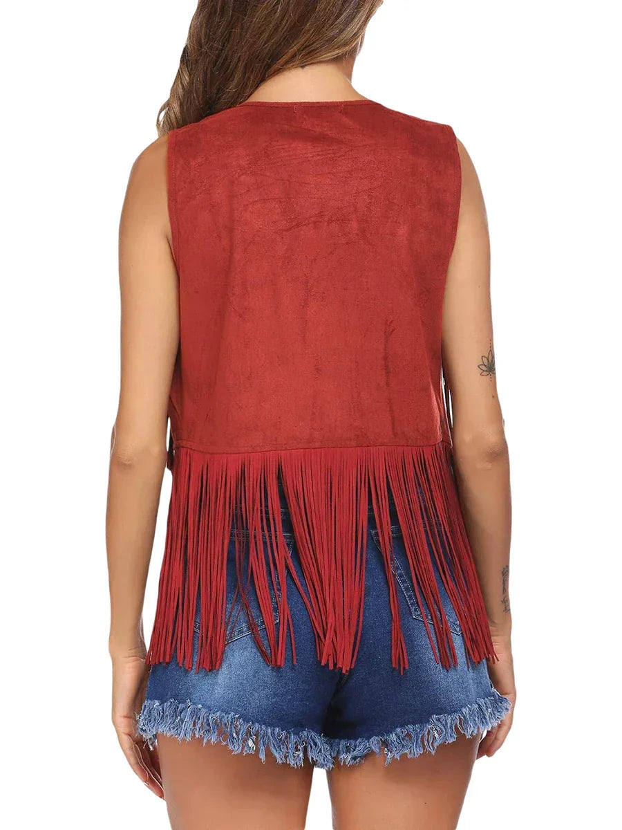 Roque | Women's Sleeveless Fringe Open-Front Vest - Faux Suede Boho Tassel Cardigan Waistcoat