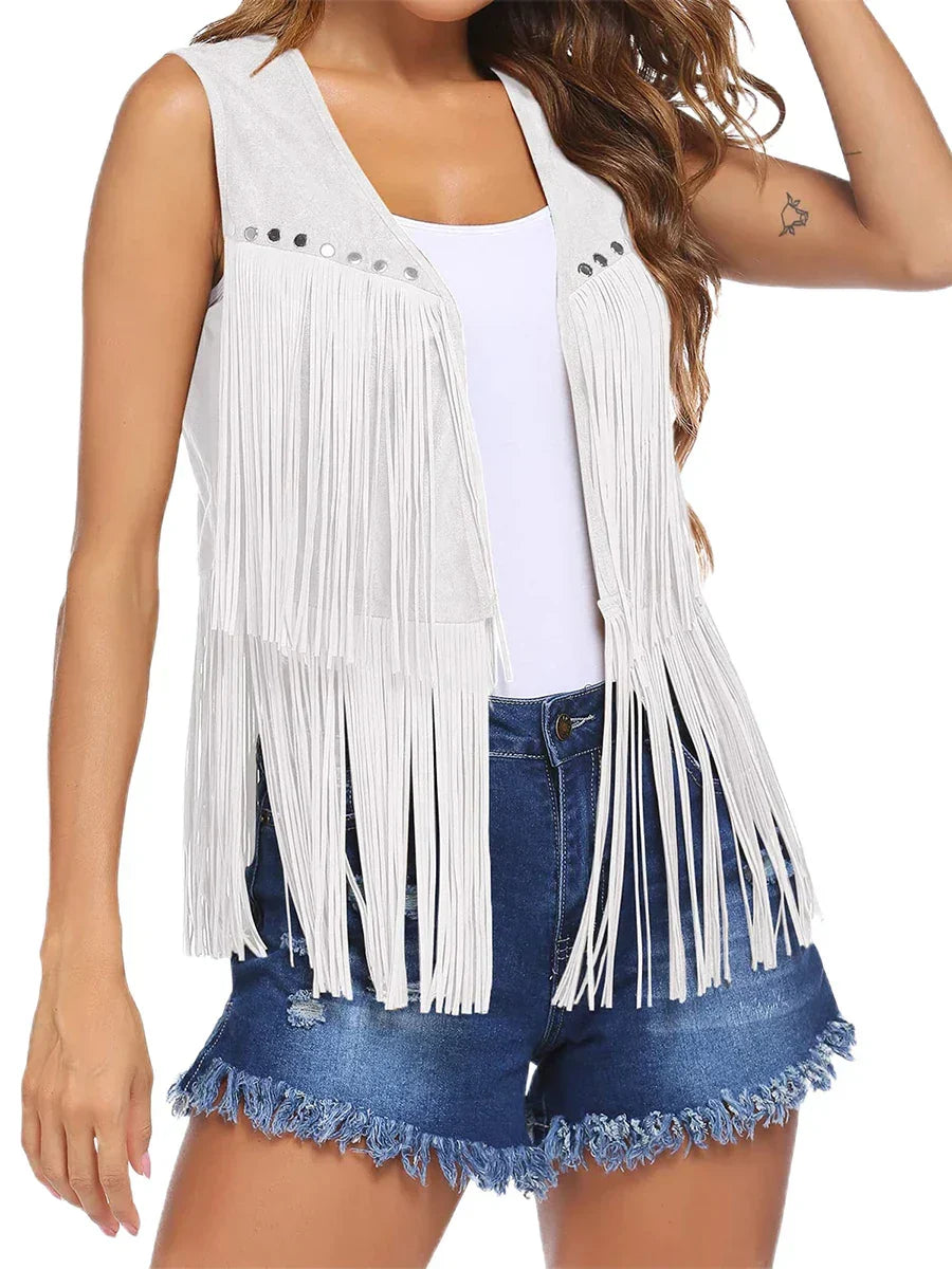 Roque | Women's Sleeveless Fringe Open-Front Vest - Faux Suede Boho Tassel Cardigan Waistcoat