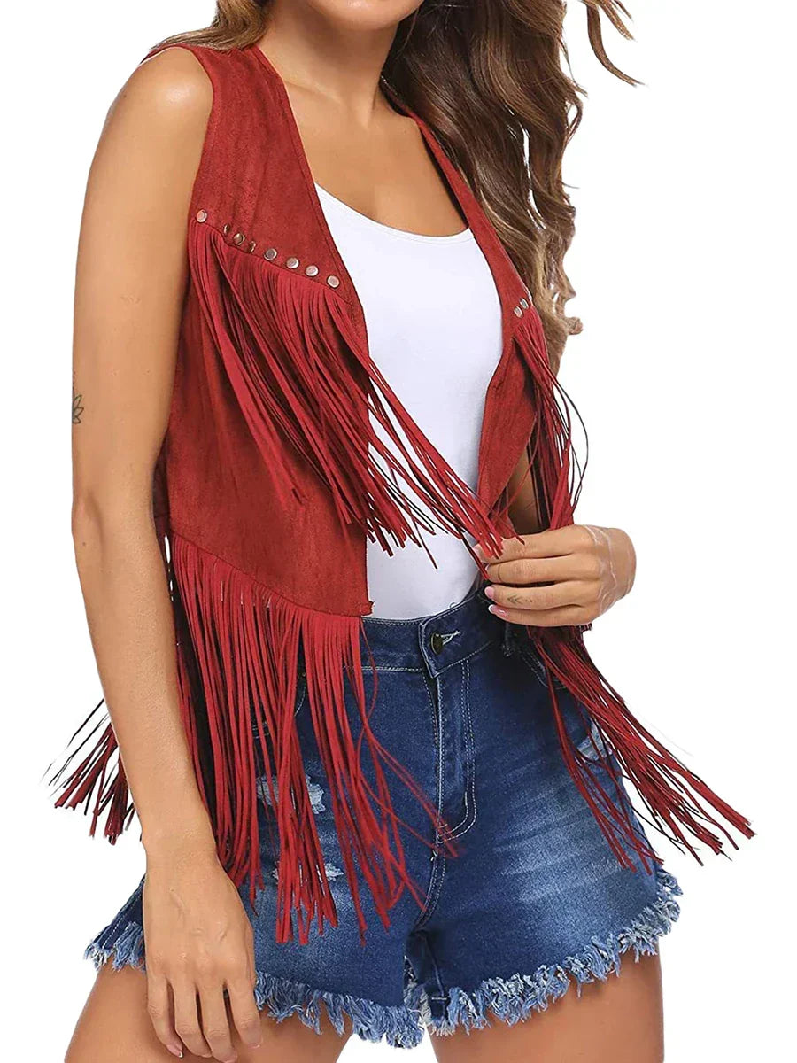 Roque | Women's Sleeveless Fringe Open-Front Vest - Faux Suede Boho Tassel Cardigan Waistcoat
