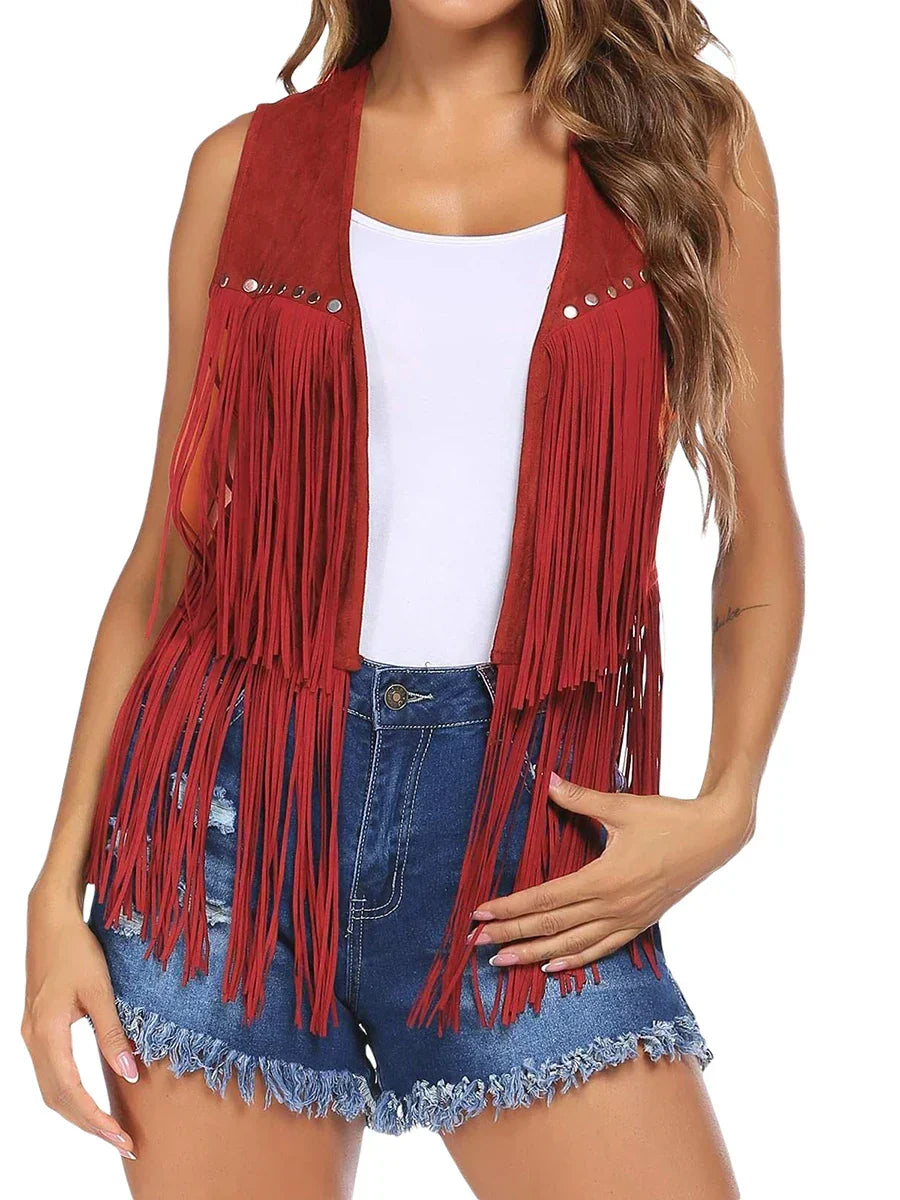Roque | Women's Sleeveless Fringe Open-Front Vest - Faux Suede Boho Tassel Cardigan Waistcoat