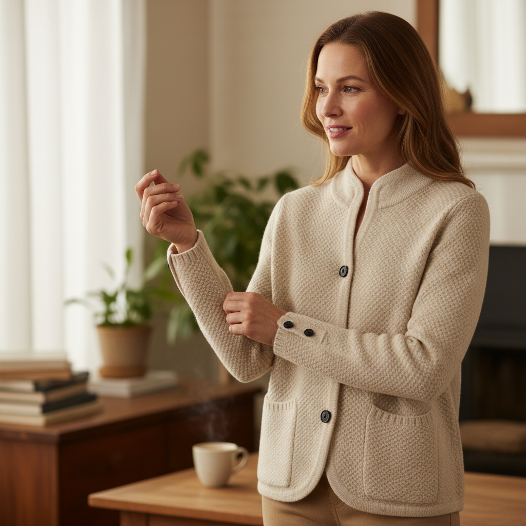 A cream-colored textured knit cardigan with a stand collar, three front buttons, and two front patch pockets, shown on a plain white background.