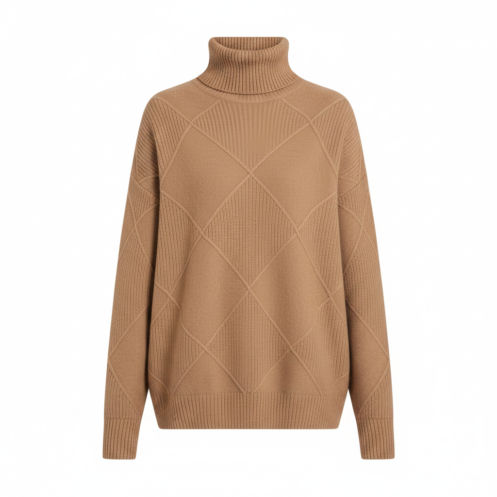 A camel brown ribbed knit turtleneck sweater with a diamond-shaped textured pattern on the front, displayed on a clean white background.