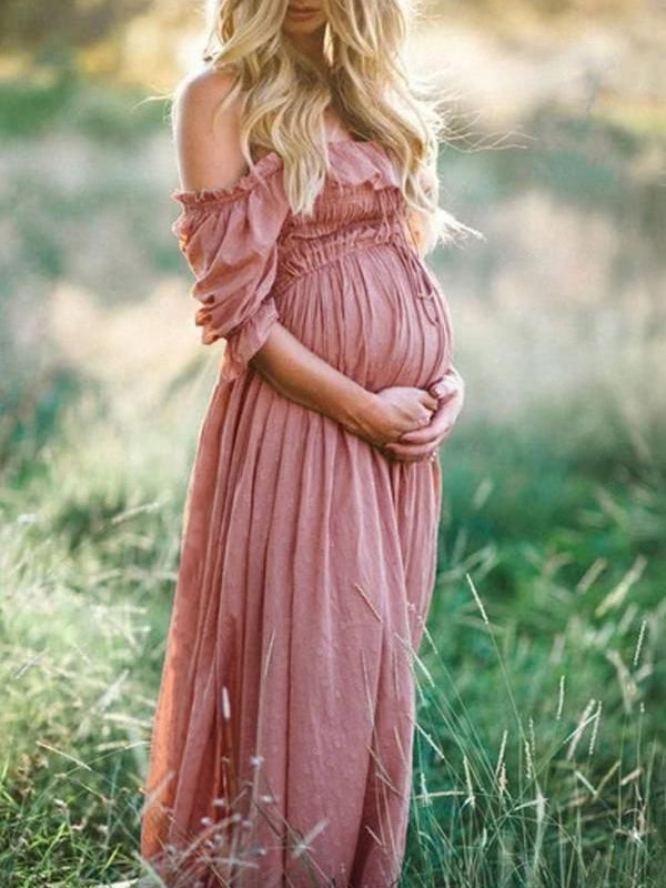 Boho Chic Maternity Dress with Boat Neck – Off Shoulder Pregnancy Dress, Midi, Baby Shower & Photoshoot, S–2XL – Flōre