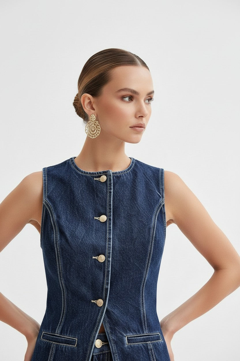Women's Denim Two-Piece Set - Top and High-Waisted Shorts